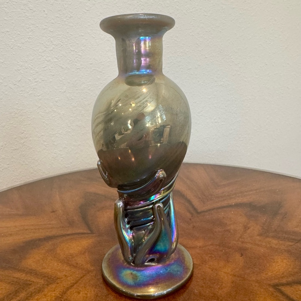 Vintage Keith Bowlby Hand Blown Art Nouveau Iridescent Glass Vase 8 Inches 1984